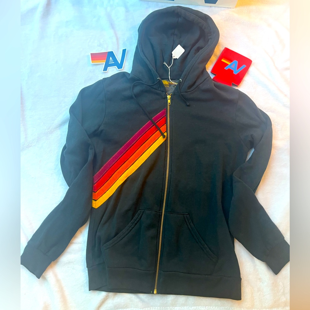 NWT- Aviator Nation Black Zip Hoodie with Diagonal Stripes